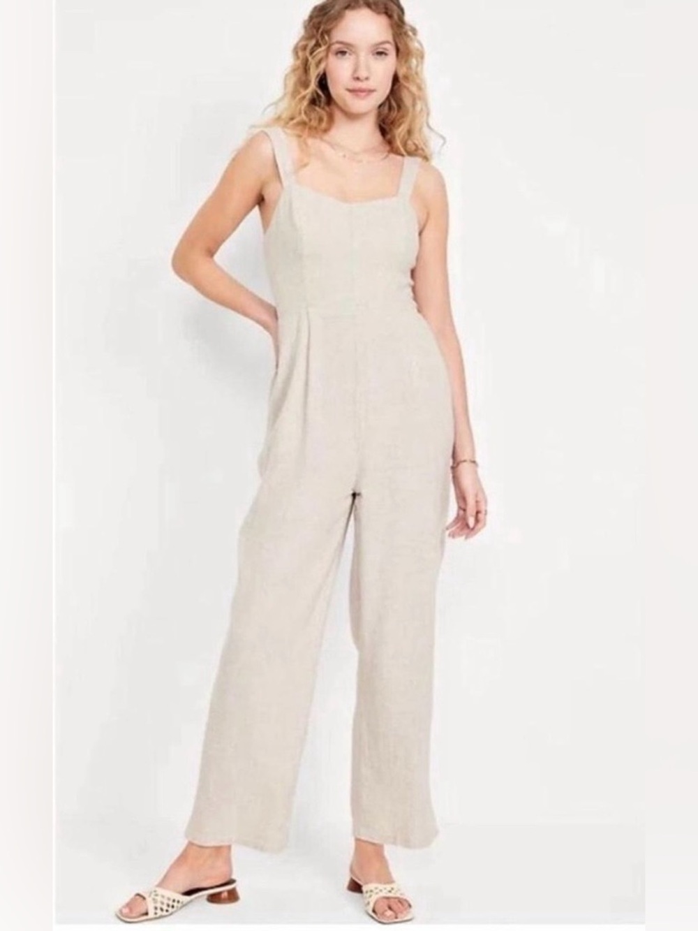 Old Navy Beige Fit & Flare Linen Blend Boho Cottagecore Preppy Jumpsuit